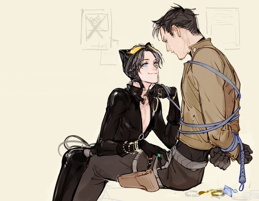 jason todd, catwoman, red hood, and tim drake (dc comics and 1 more) drawn by wonkrin