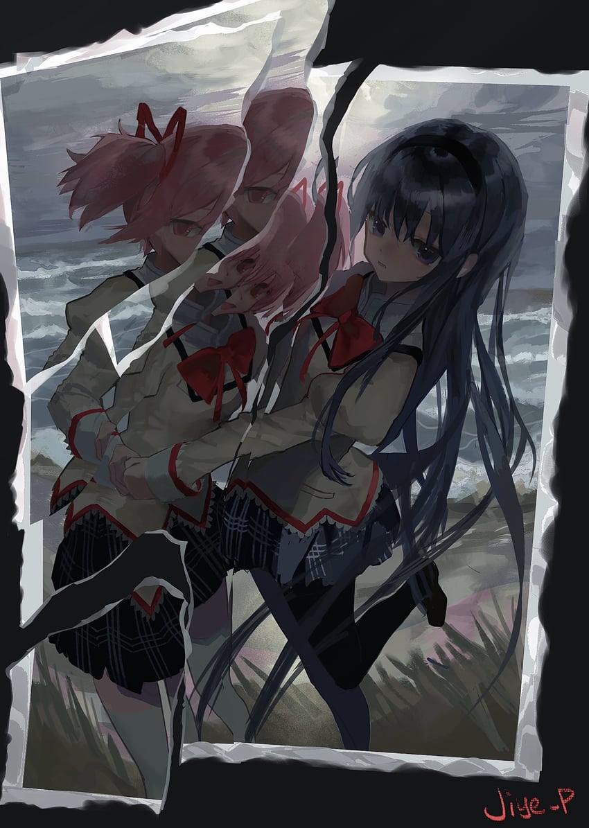 akemi homura and kaname madoka (mahou shoujo madoka magica) drawn by jiye_p1