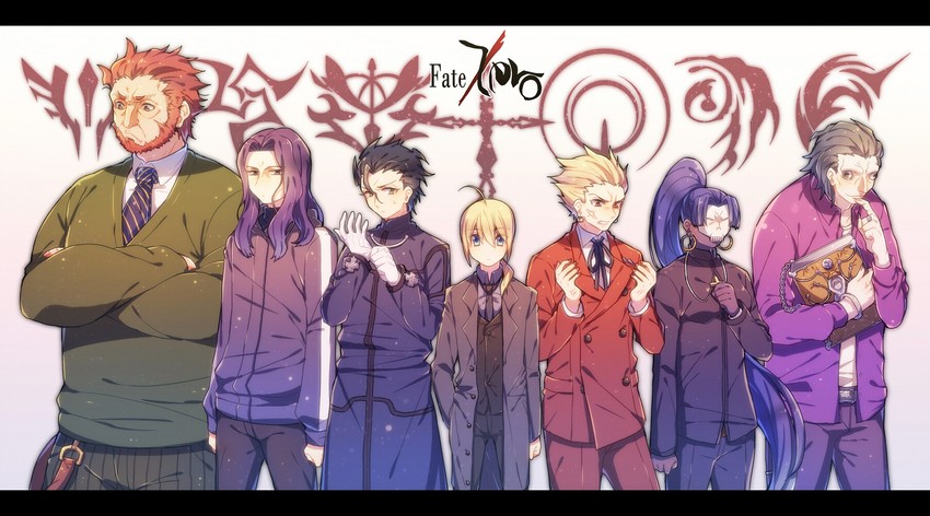 artoria pendragon, saber, gilgamesh, kotomine kirei, iskandar, and 11 more (fate and 1 more) drawn by mika_(1020mk)