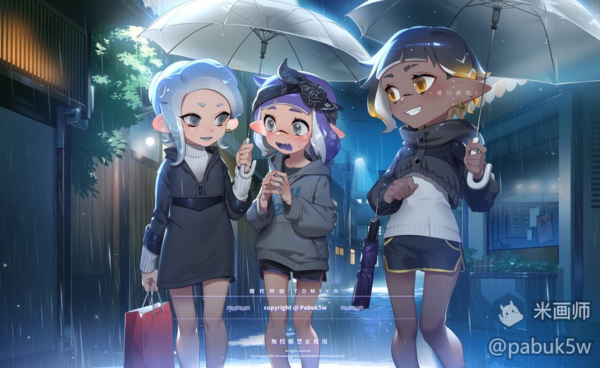 inkling player character, inkling girl, octoling player character, and octoling girl (splatoon) drawn by pabuk5w