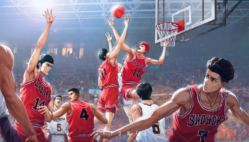 sakuragi hanamichi, rukawa kaede, miyagi ryouta, mitsui hisashi, akagi takenori, and 2 more (slam dunk) drawn by yiones