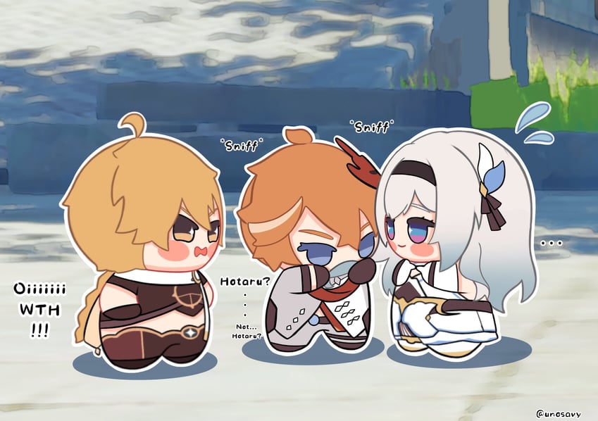 lumine, firefly, aether, and tartaglia (genshin impact and 3 more) drawn by unosavy