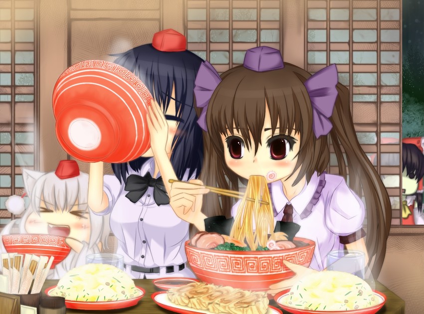 hakurei reimu, shameimaru aya, inubashiri momiji, and himekaidou hatate (touhou) drawn by sibelurabbi