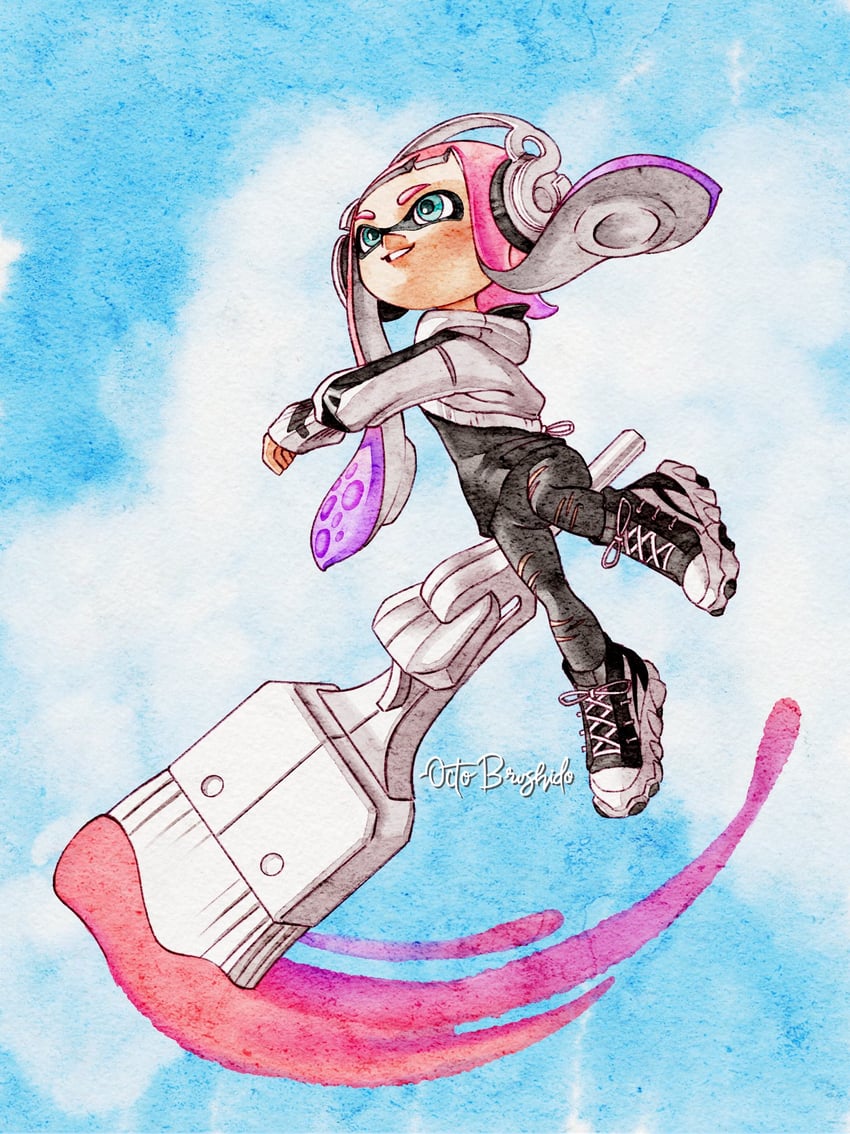 inkling player character and inkling girl (splatoon and 1 more) drawn by octobrushido
