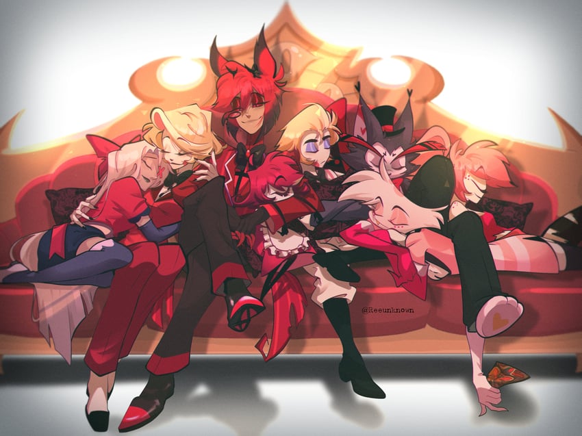 lucifer morningstar, charlie morningstar, alastor, vaggie, angel dust, and 3 more (hazbin hotel) drawn by reeunknown