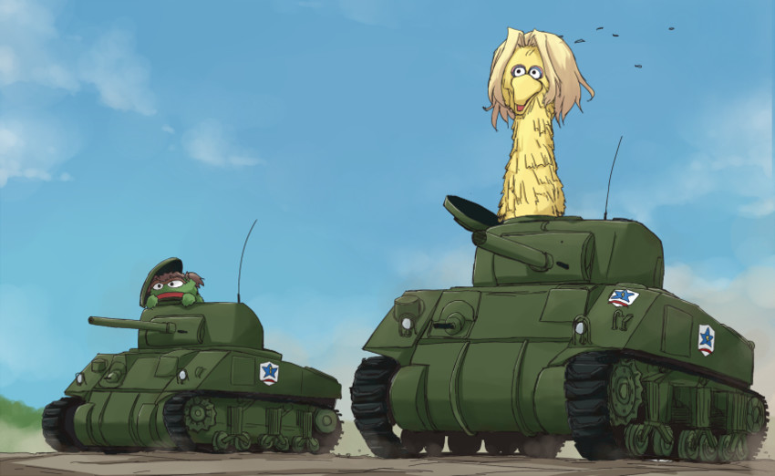 kay, alisa, big bird, and oscar the grouch (girls und panzer and 1 more) drawn by kakizaki_(chou_neji)