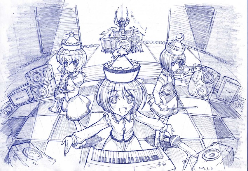 morichika rinnosuke, lunasa prismriver, merlin prismriver, and lyrica prismriver (touhou) drawn by sakino_shingetsu