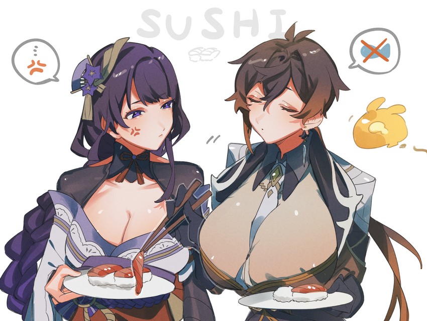 raiden shogun, zhongli, and seelie (genshin impact) drawn by crow_3434