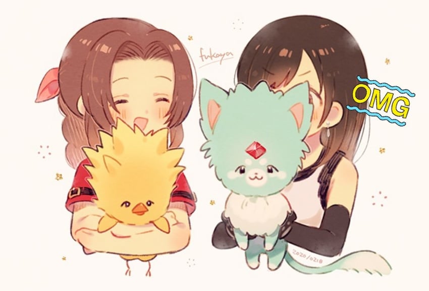tifa lockhart, aerith gainsborough, and carbuncle (final fantasy and 2 more) drawn by xpo917