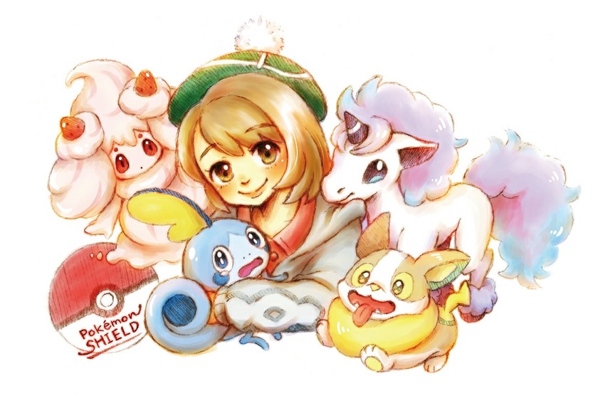 gloria, sobble, yamper, alcremie, and galarian ponyta (pokemon and 1 more) drawn by kumagorou_(pixiv874406)