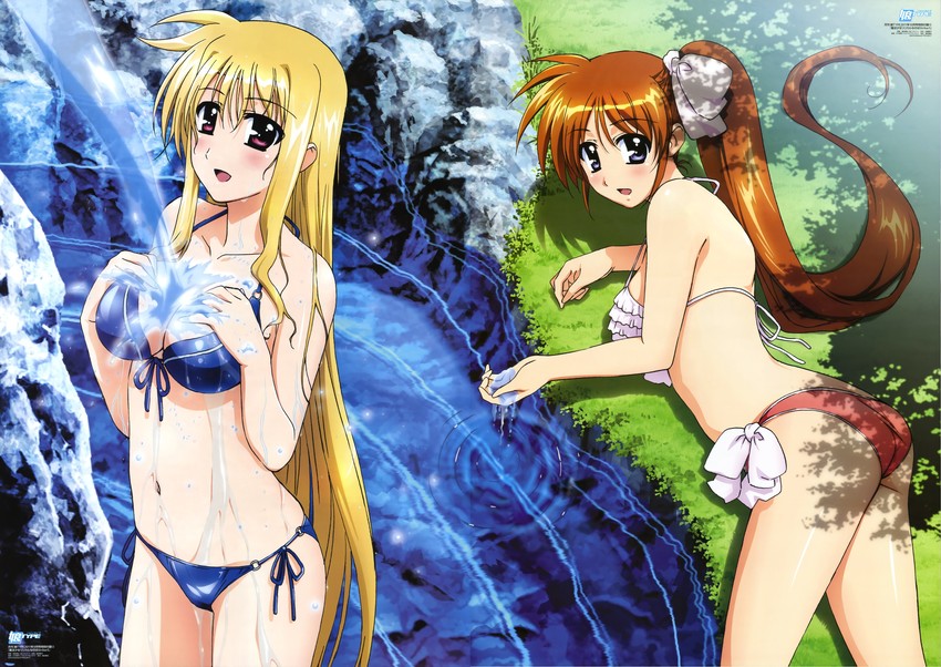 fate testarossa and takamachi nanoha (lyrical nanoha and 2 more) drawn by okuda_yasuhiro