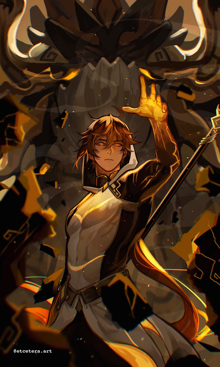 zhongli, rex lapis, and azhdaha (genshin impact) drawn by etceteraart