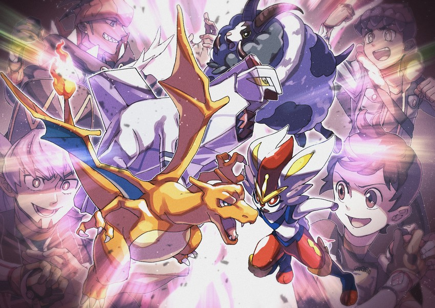 leon, raihan, charizard, hop, victor, and 3 more (pokemon and 1 more) drawn by komame_(st_beans)