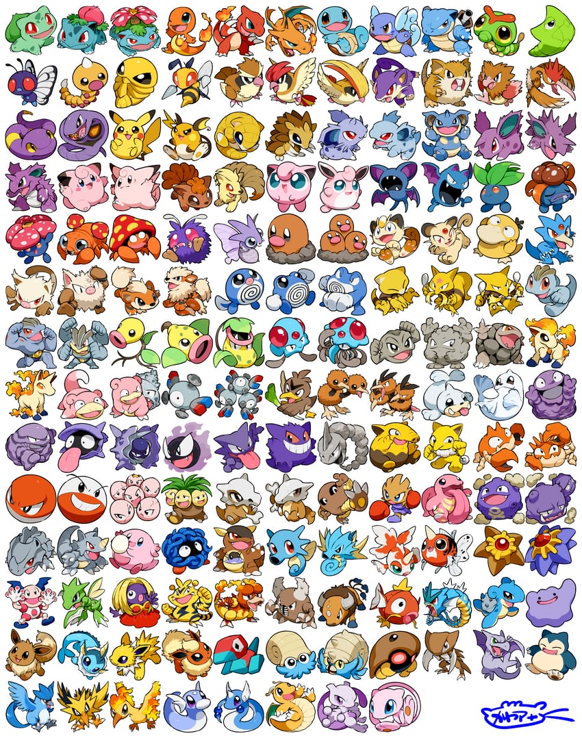 pikachu, eevee, charizard, gengar, bulbasaur, and 143 more (pokemon and 1 more) drawn by kawaanago