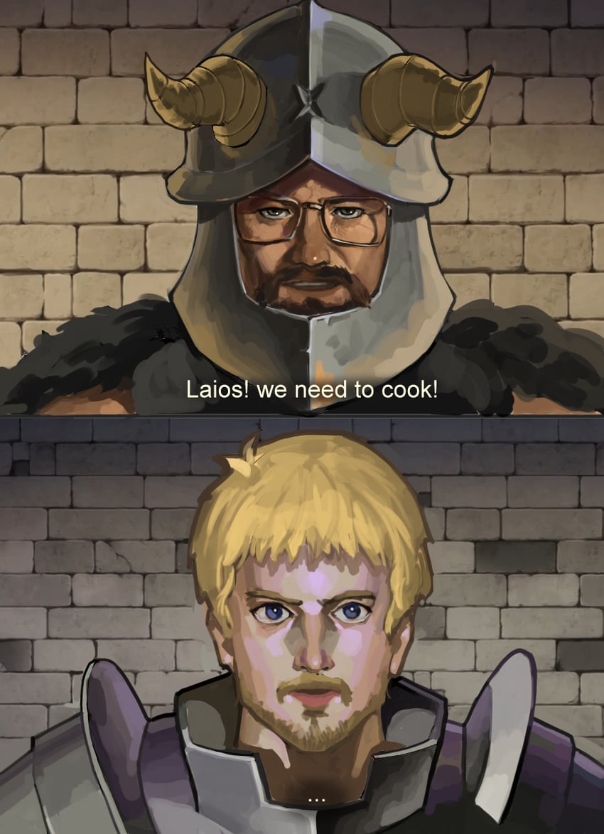 laios touden, senshi, walter white, and jesse pinkman (dungeon meshi and 1 more) drawn by rewinderon