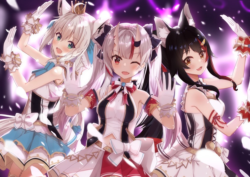 shirakami fubuki, ookami mio, and nakiri ayame (hololive) drawn by borumete
