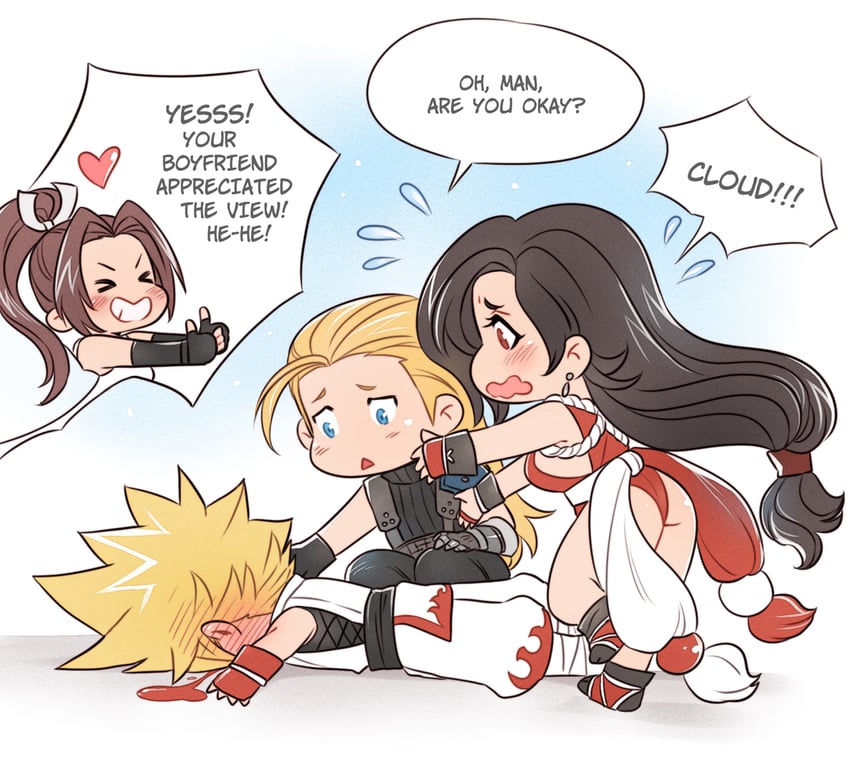 tifa lockhart, cloud strife, shiranui mai, and andy bogard (final fantasy and 4 more) drawn by crylin6