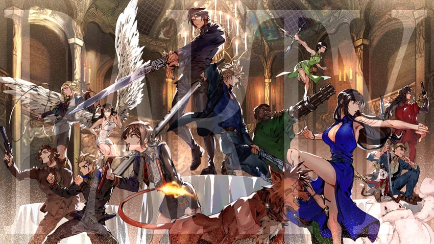 tifa lockhart, cloud strife, yuffie kisaragi, moogle, squall leonhart, and 10 more (final fantasy and 2 more) drawn by shio_ga