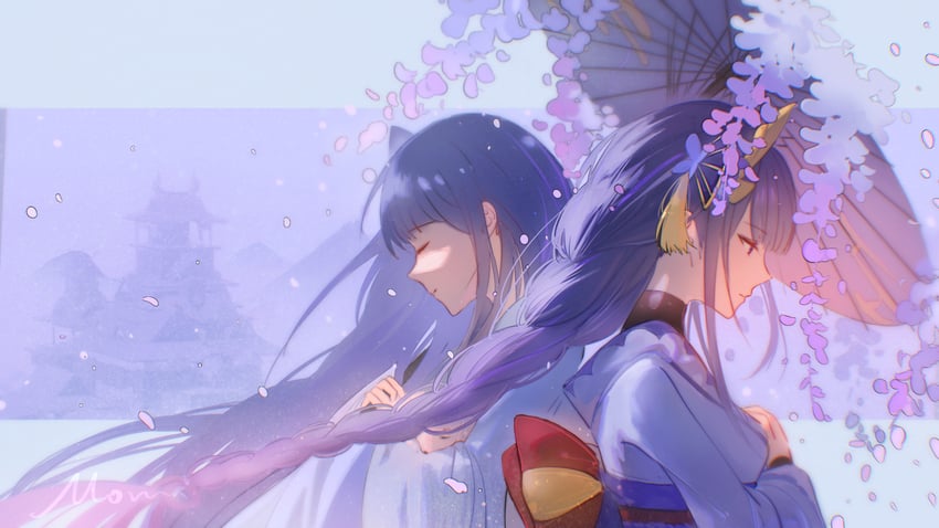 raiden shogun and makoto (genshin impact) drawn by moririmuli