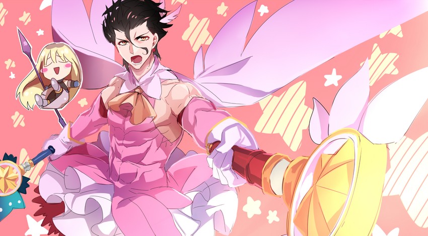 illyasviel von einzbern, diarmuid ua duibhne, prisma illya, magical ruby, magical sapphire, and 1 more (fate and 3 more) drawn by ycco_(estrella)