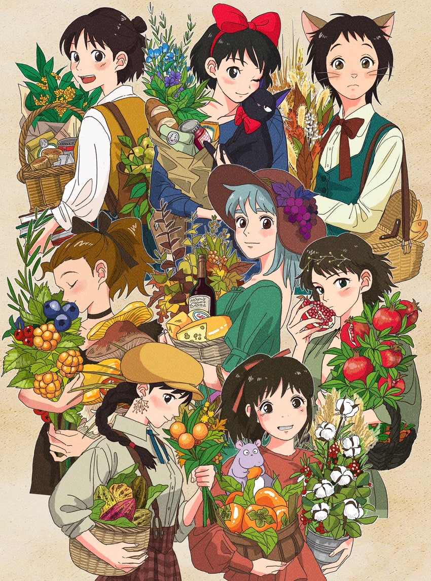 kiki, san, jiji, ogino chihiro, sophie hatter, and 6 more (studio ghibli and 8 more) drawn by rikaco1988