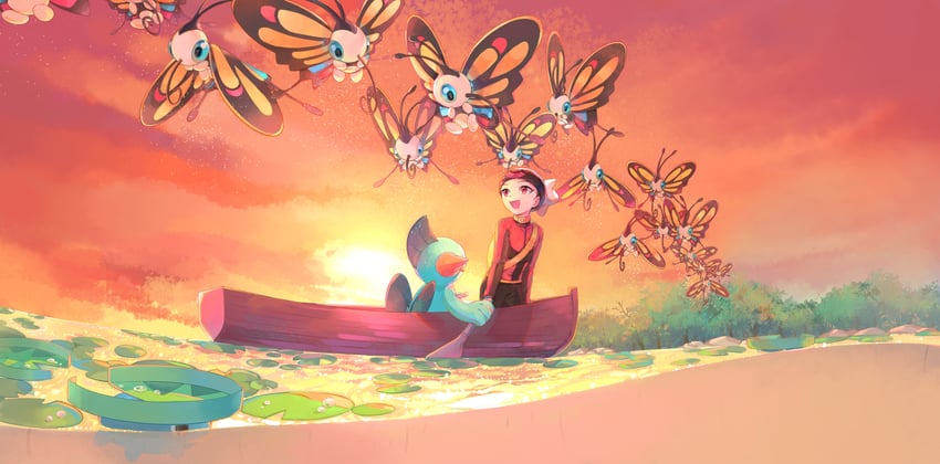 brendan, lotad, beautifly, and marshtomp (pokemon and 1 more) drawn by liangkou