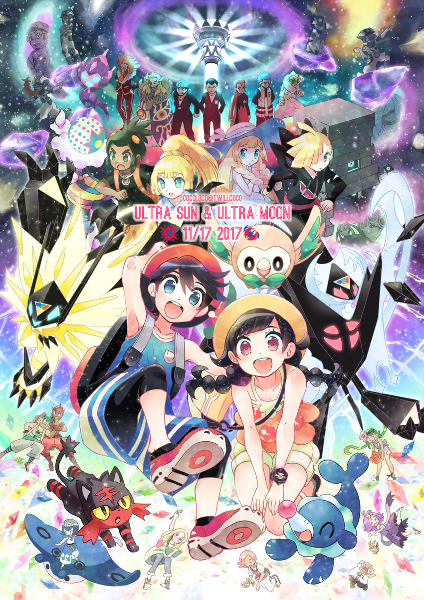 lillie, selene, rotom, rowlet, lana, and 33 more (pokemon and 2 more) drawn by cocoloco