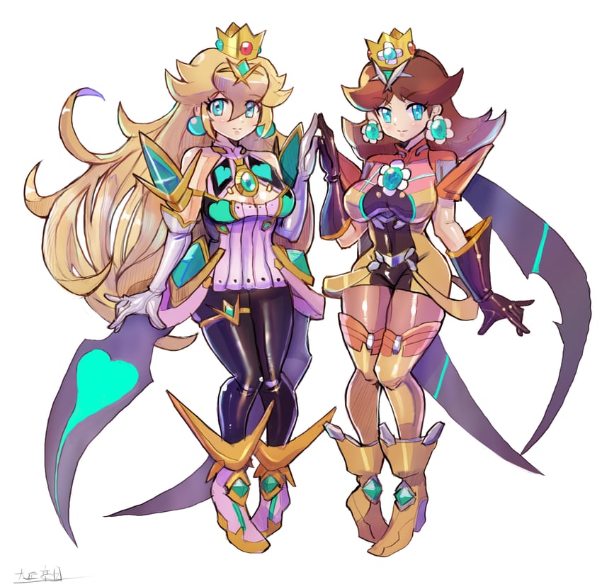 pyra, princess peach, princess daisy, and mythra (mario and 3 more) drawn by oomasa_teikoku