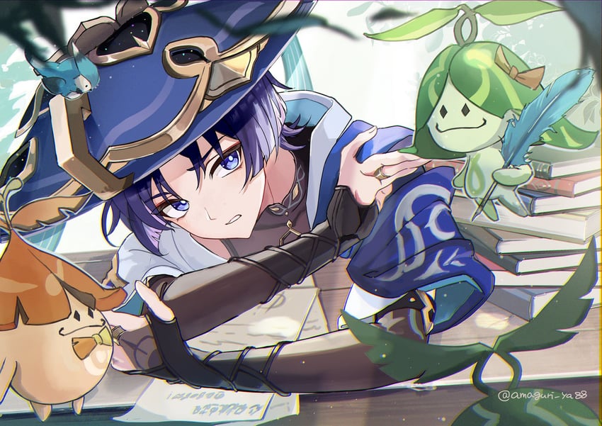 scaramouche, wanderer, and aranara (genshin impact) drawn by amaguri_ya