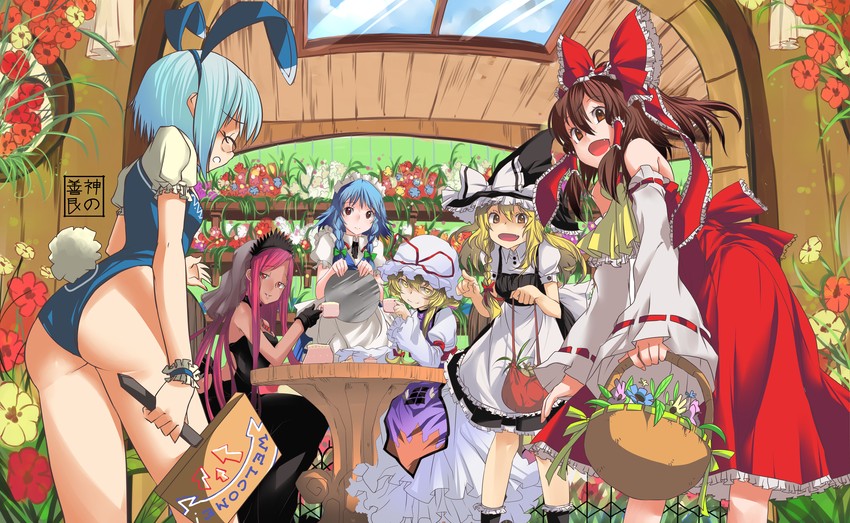 hakurei reimu, kirisame marisa, izayoi sakuya, yakumo yukari, and morichika rinnosuke (original and 1 more) drawn by eudetenis