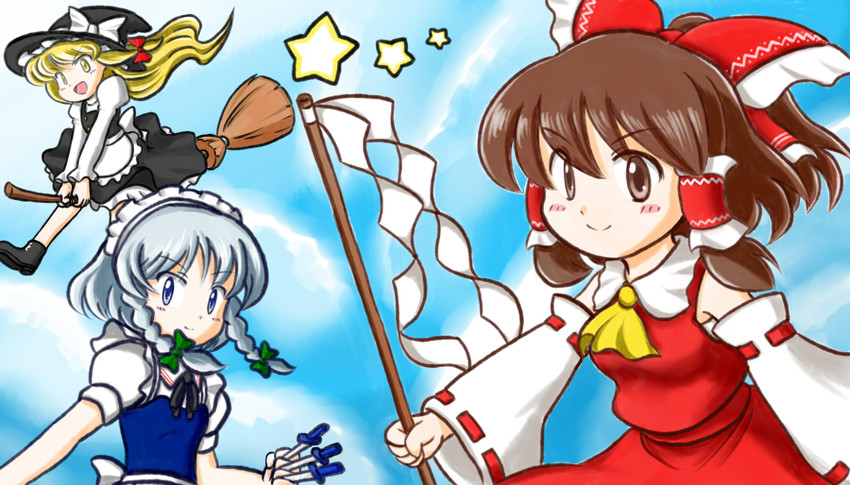 hakurei reimu, kirisame marisa, and izayoi sakuya (touhou) drawn by nitamago