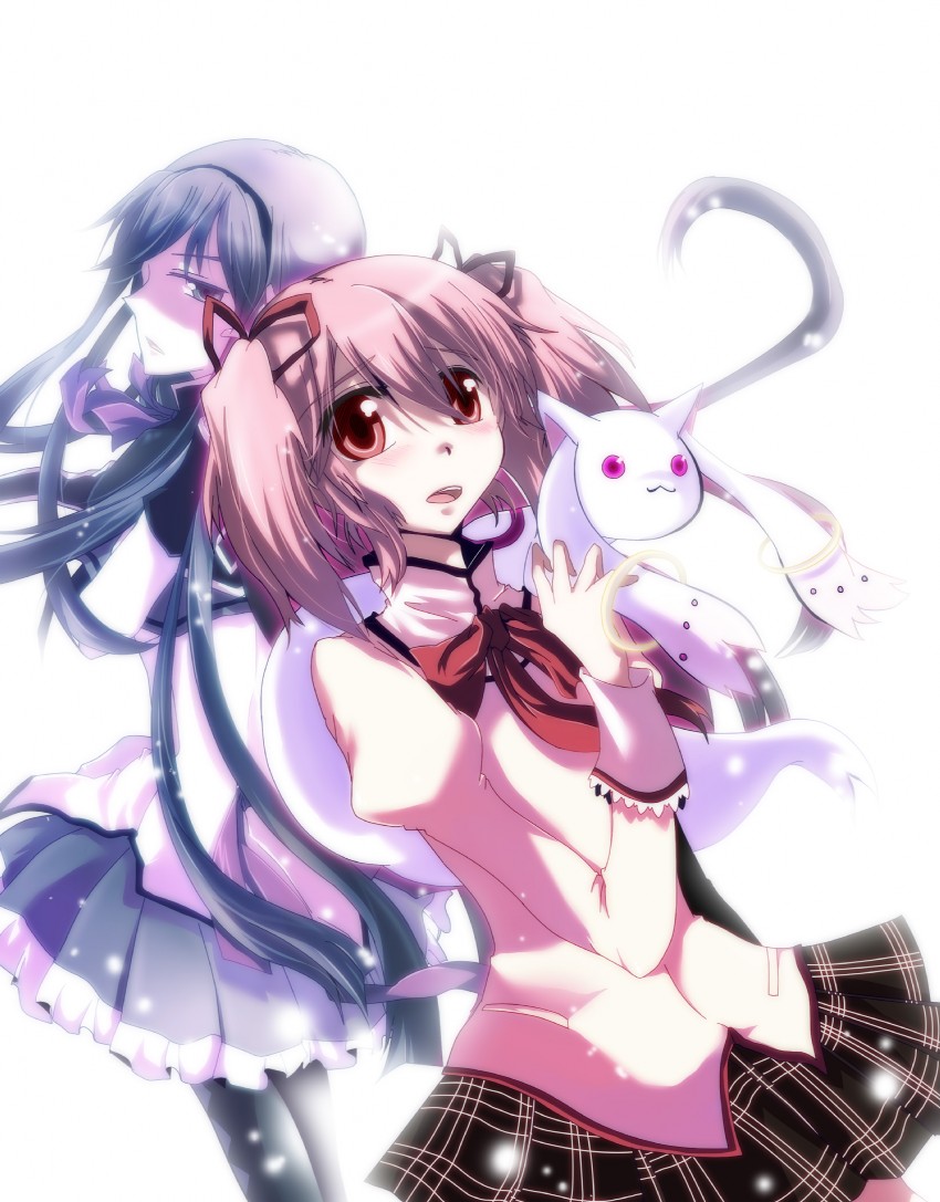 akemi homura, kaname madoka, and kyubey (mahou shoujo madoka magica) drawn by shion_(ikihara)