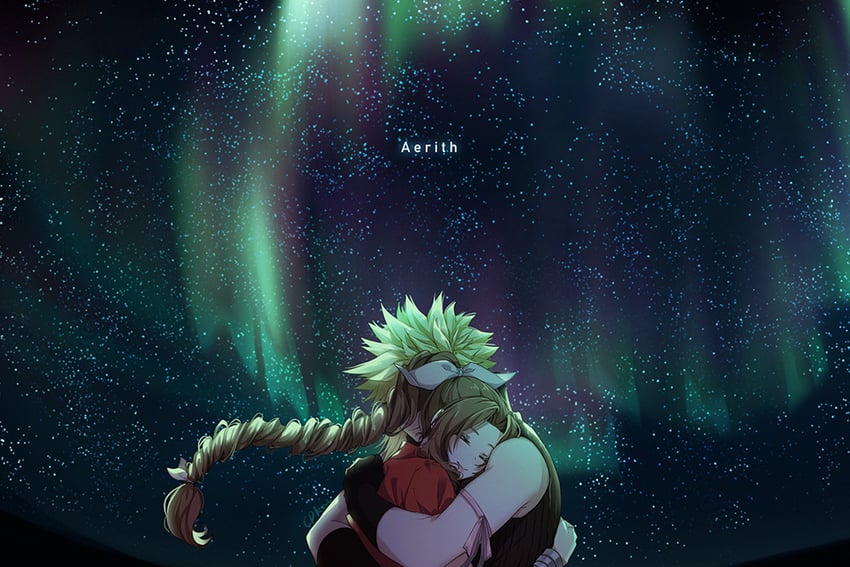 cloud strife and aerith gainsborough (final fantasy and 3 more) drawn by cat_princess