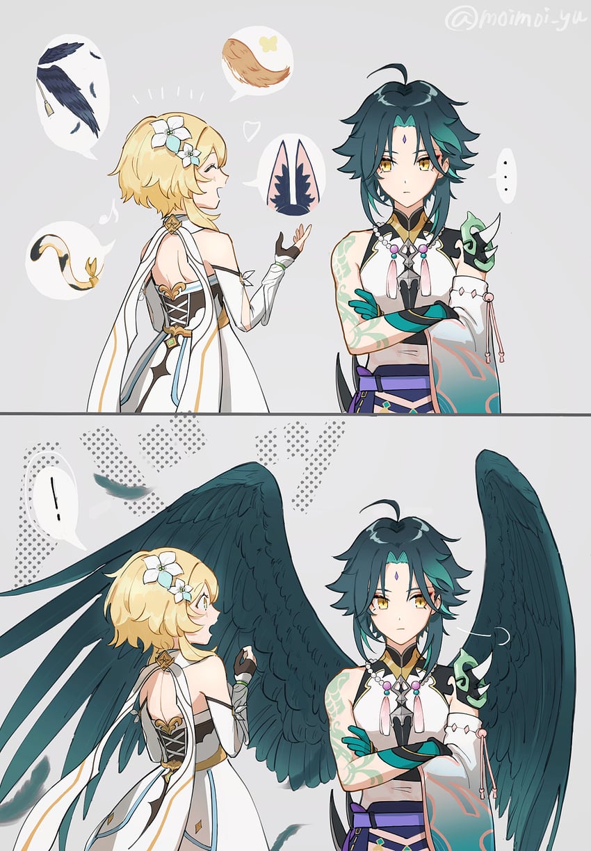 lumine, xiao, tighnari, kujou sara, diona, and 1 more (genshin impact) drawn by moimoi_yu