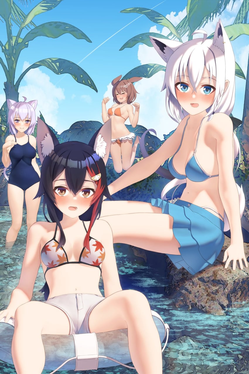 shirakami fubuki, nekomata okayu, ookami mio, and inugami korone (hololive) drawn by shirai_yu