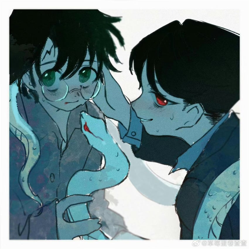 harry potter, tom marvolo riddle, and nagini (wizarding world and 1 more) drawn by bakabakalii