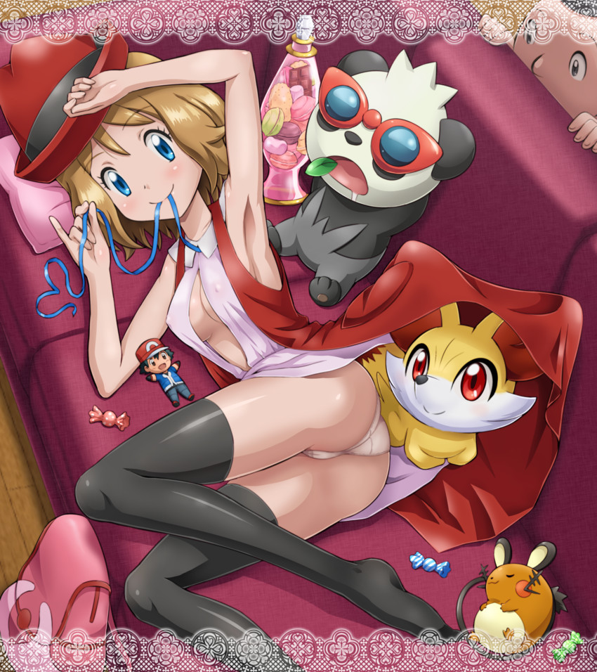 ash ketchum, serena, fennekin, dedenne, pancham, and 1 more (pokemon) drawn by pokemoa