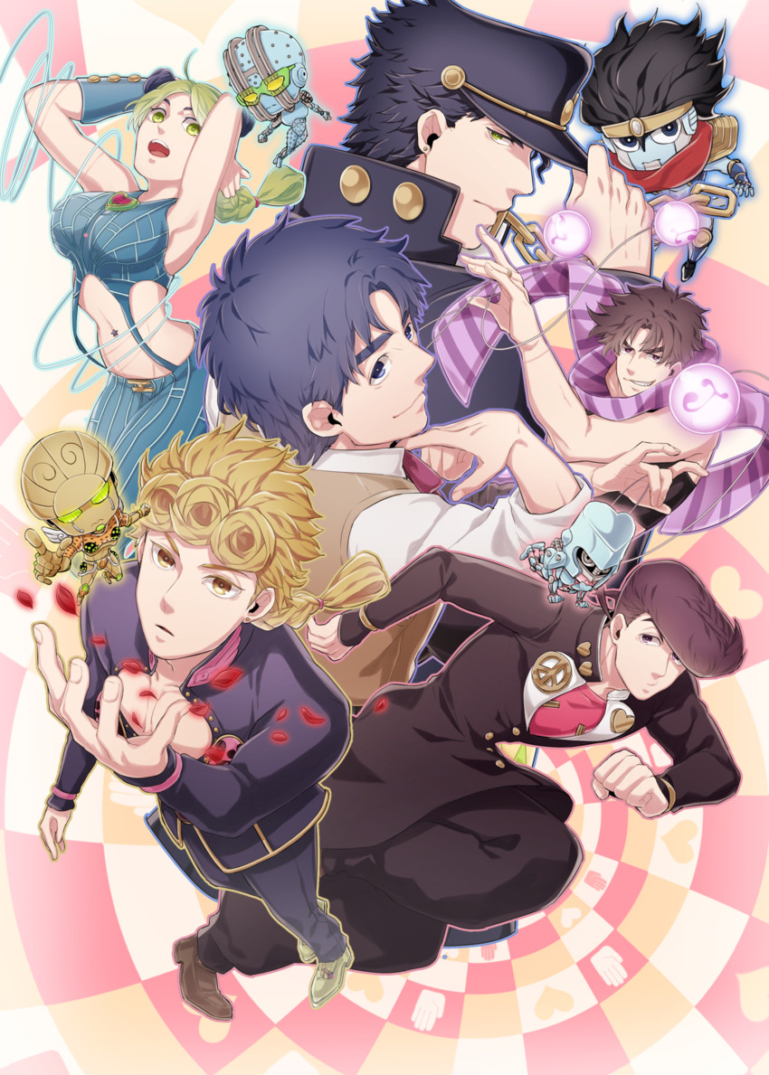 joseph joestar, kujo jotaro, kujo jolyne, giorno giovanna, jonathan joestar, and 5 more (jojo no kimyou na bouken and 3 more) drawn by shikimi_rau