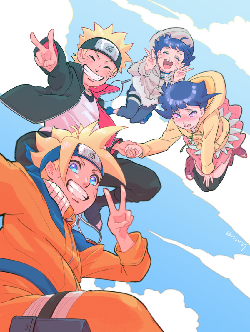 uzumaki naruto, hyuuga hinata, uzumaki boruto, and uzumaki himawari (naruto and 1 more) drawn by risuo
