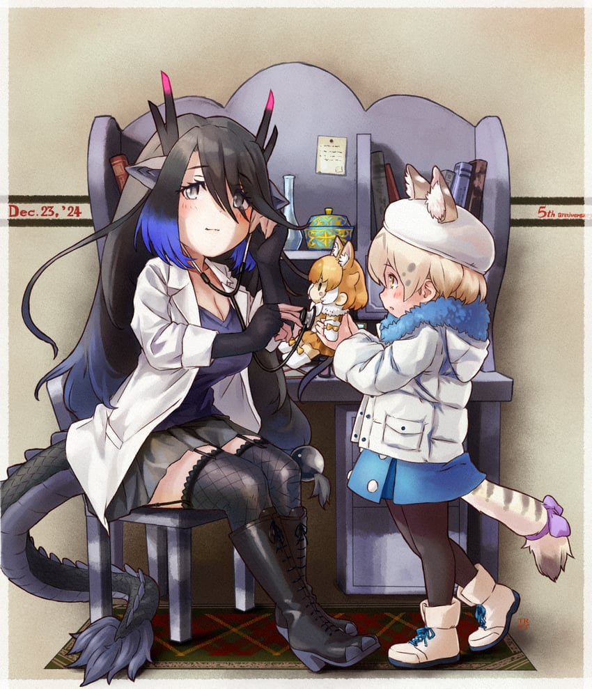 dhole, black dragon, and white serval (kemono friends) drawn by toriny