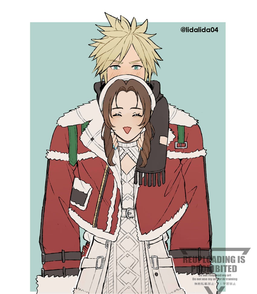 cloud strife and aerith gainsborough (final fantasy and 2 more) drawn by lida_(lidalida04)