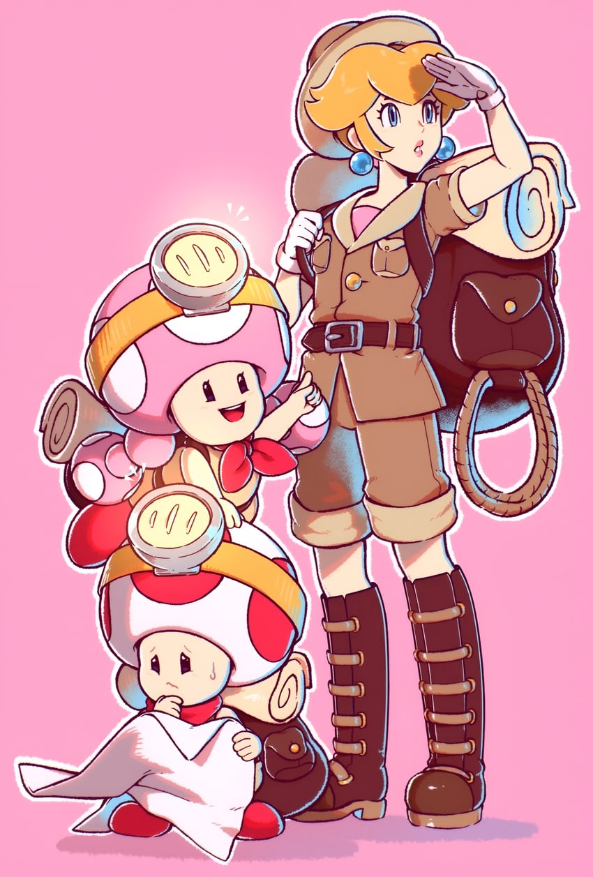 princess peach, toadette, and captain toad (mario and 2 more) drawn by saiwo_(saiwoproject)