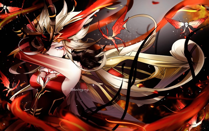 crimson lotus moth and signora (genshin impact) drawn by doru