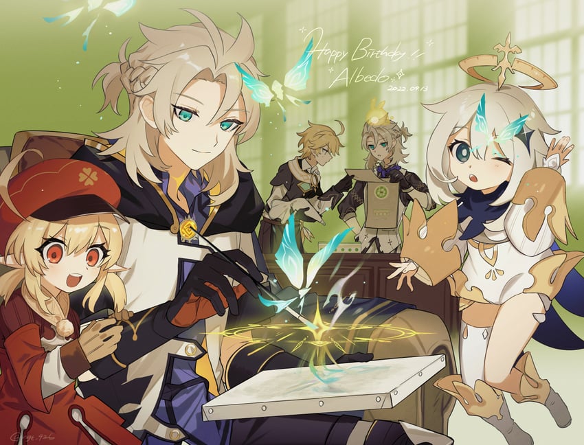 aether, paimon, klee, albedo, crystalfly, and 1 more (genshin impact) drawn by nagatani_(ngt_926)