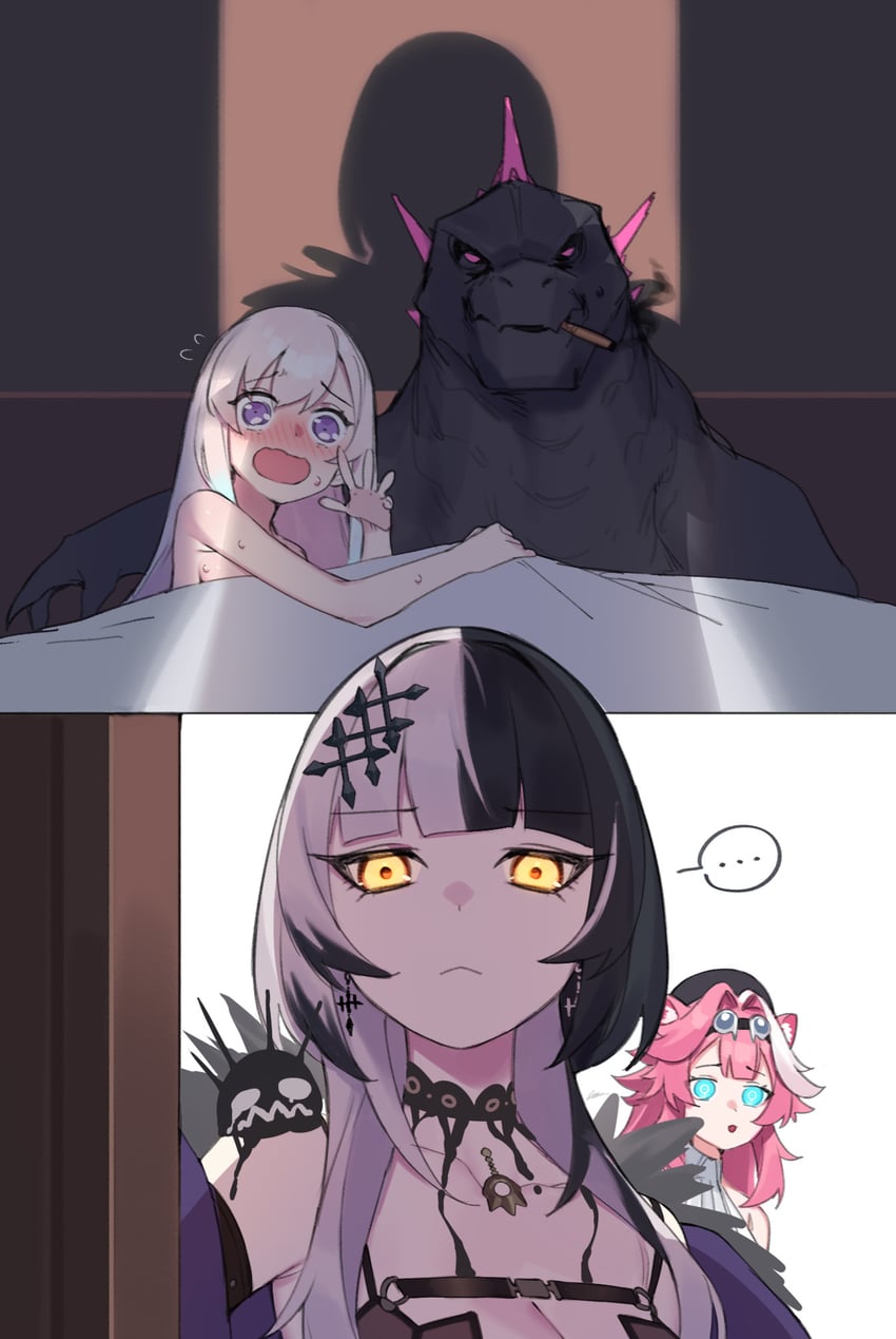 shiori novella, raora panthera, godzilla, airani iofifteen, and yorick (hololive and 3 more) drawn by dasdokter