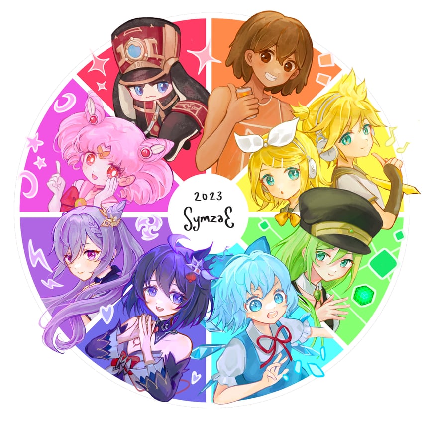 cirno, kagamine rin, kagamine len, keqing, seele vollerei, and 5 more (touhou and 10 more) drawn by symzae
