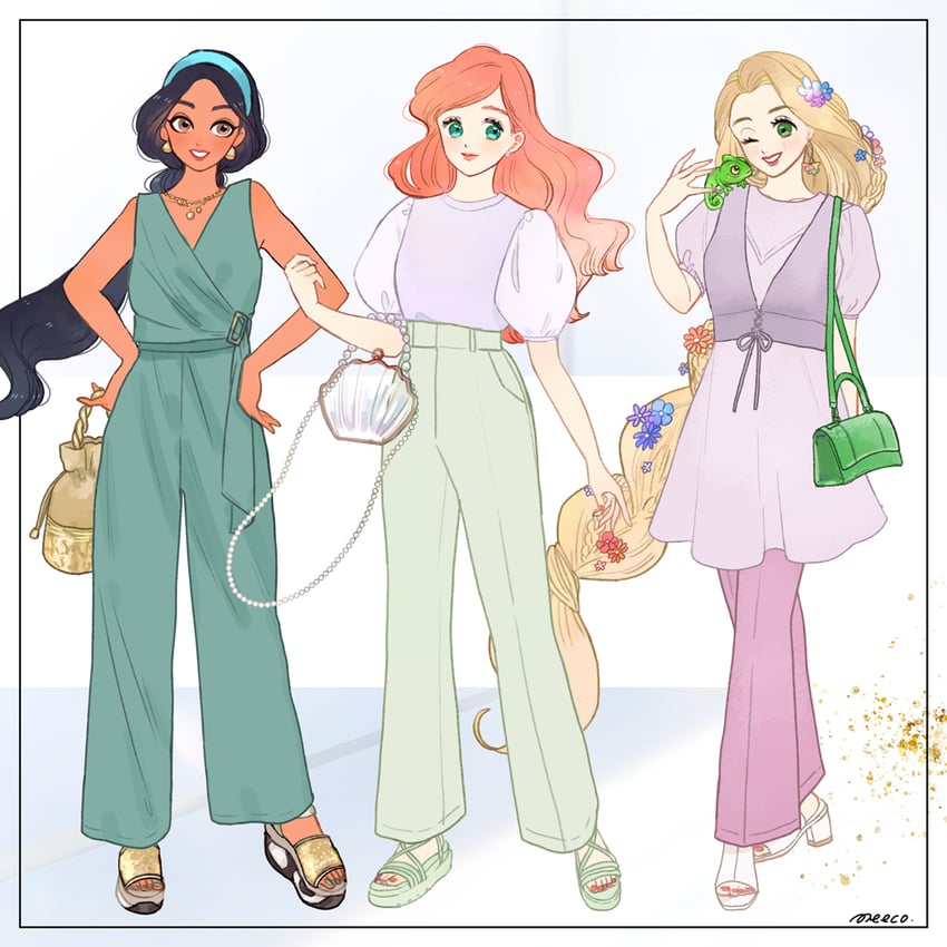 ariel, rapunzel, jasmine, and pascal (the little mermaid and 3 more) drawn by meecosme