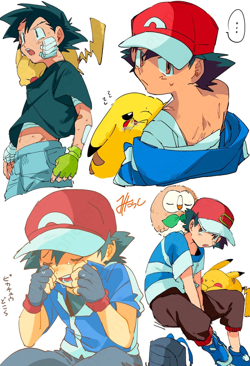 pikachu, ash ketchum, and rowlet (pokemon and 2 more) drawn by omotikonetemasu