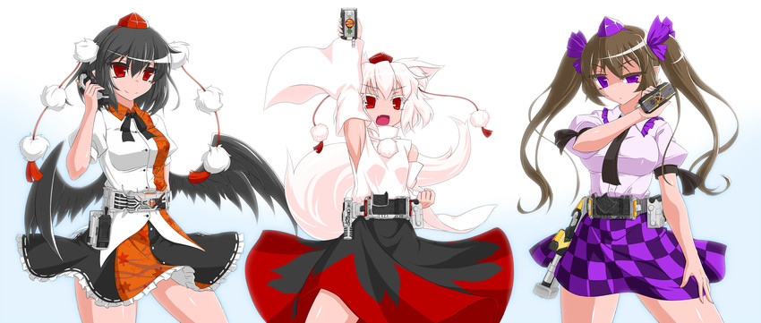shameimaru aya, inubashiri momiji, himekaidou hatate, kamen rider faiz, kamen rider kaixa, and 1 more (touhou and 2 more) drawn by tsukushi_(741789)