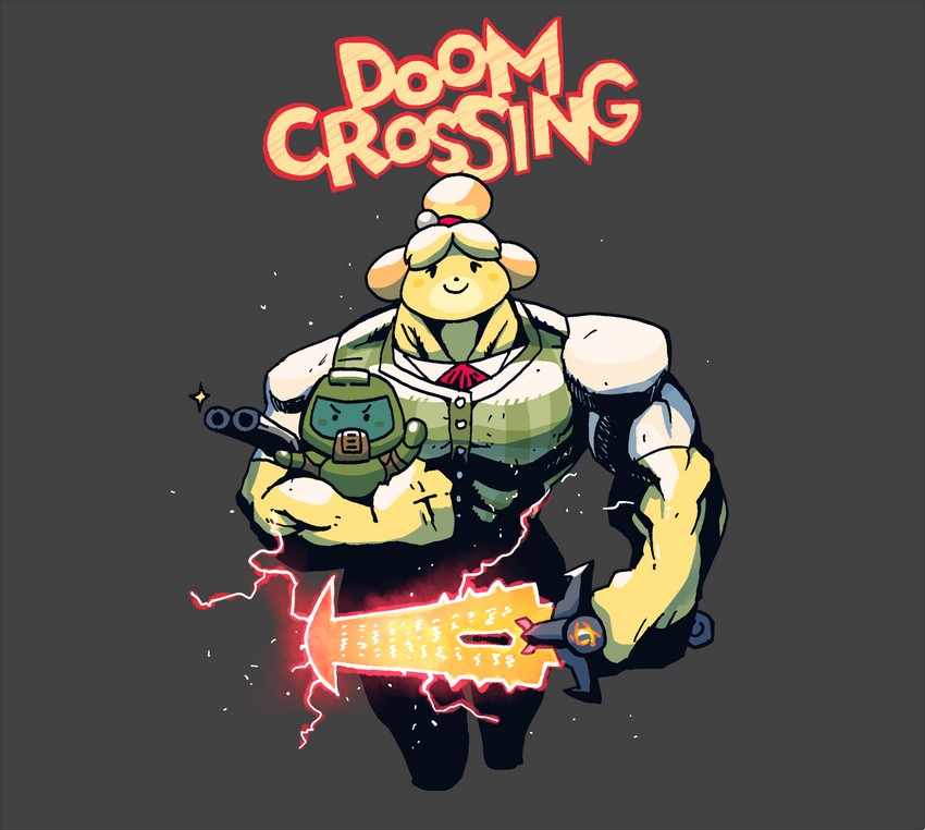 isabelle and doomguy (super smash bros. and 3 more) drawn by rariatto_(ganguri)